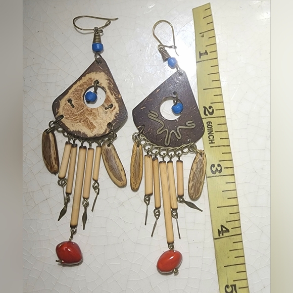 Bohemian Egyptian revival wood, bronze, triangle, blue red bead fringe earrings - Picture 7 of 7